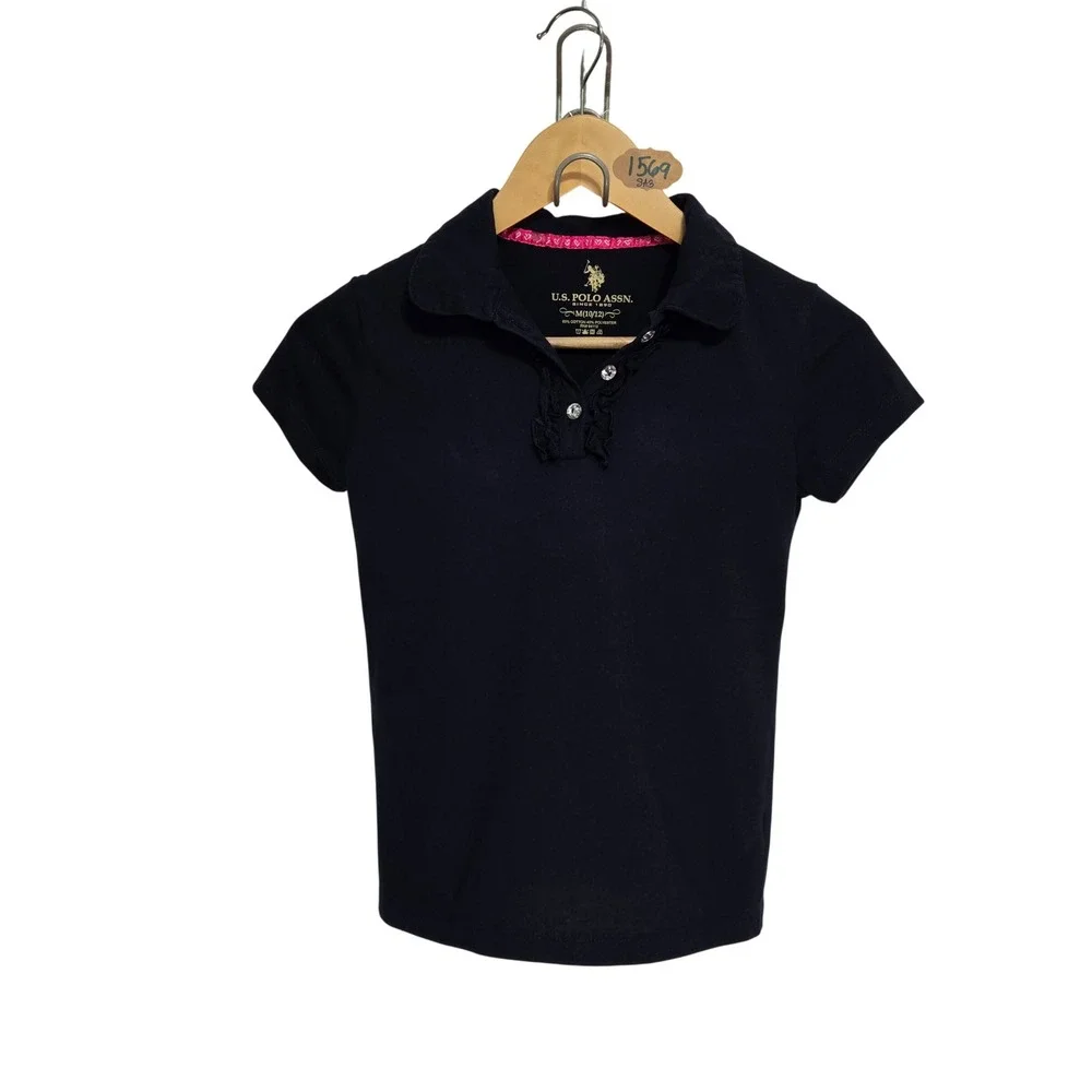 US Polo Assn Girls Navy Blue Ruffle Rhinestone Button Short Sleeve Polo Shirt M